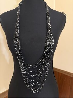 Black & Silver Multi Strand Seed Bead Statement Necklace Boho Layered